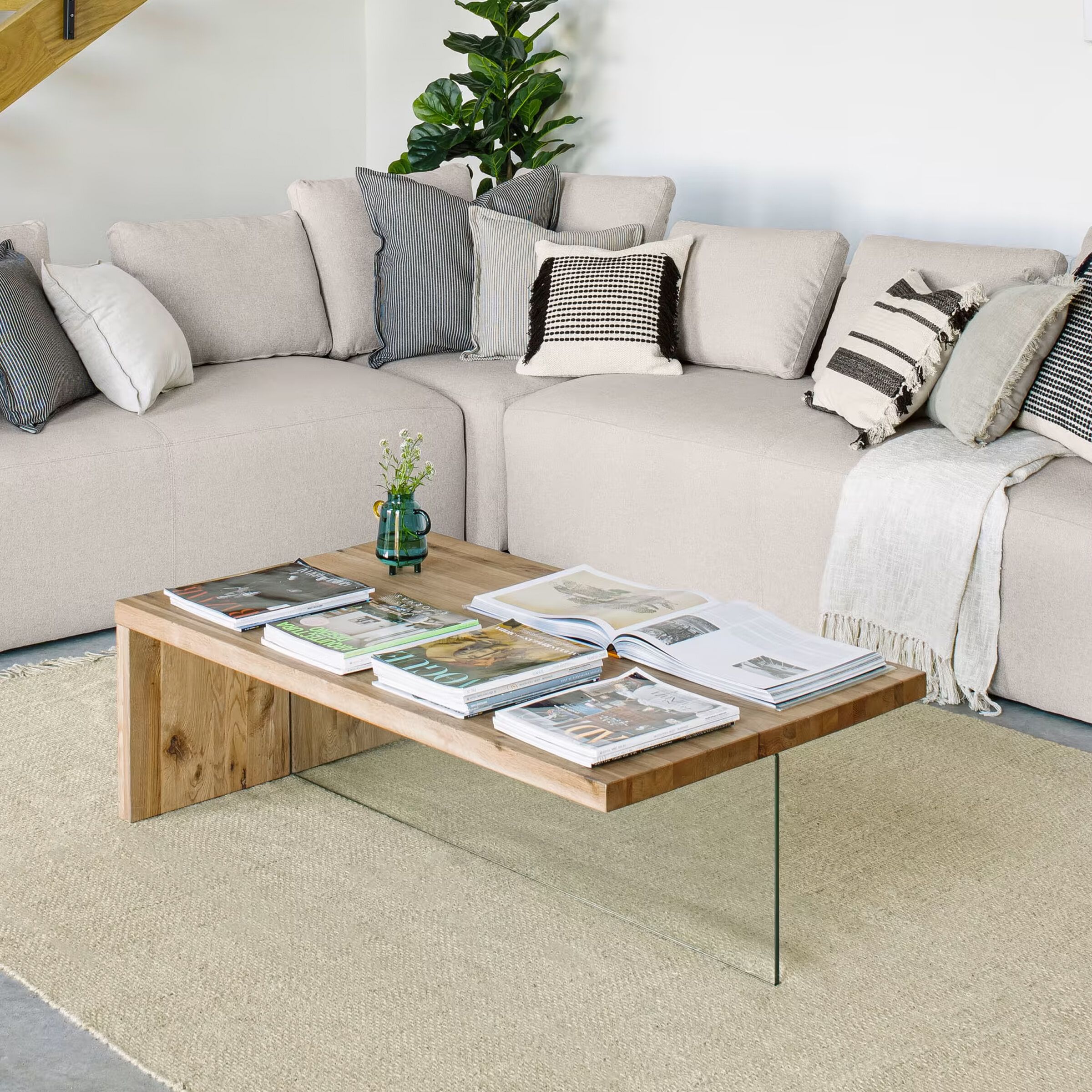 Stijlvolle Kave Home Tulsi Salontafel in Massief Eiken & Gehard Glas – 120×70 cm, Bruin