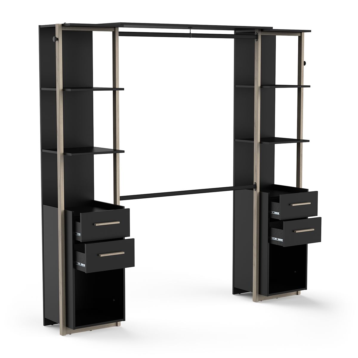 Stijlvolle open kledingkast Moon – 210 cm breed, zwart & eiken