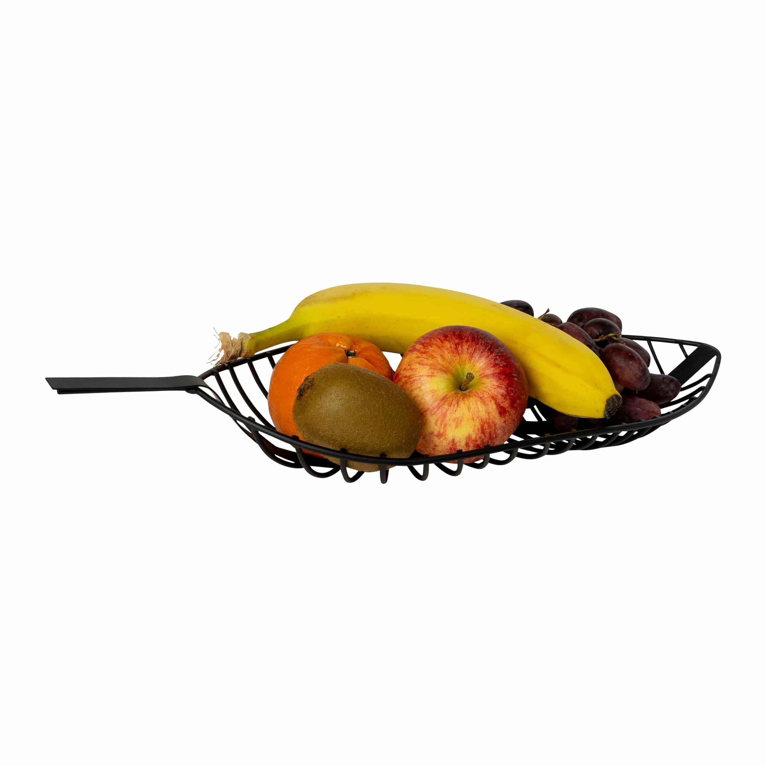 Stijlvolle QUVIO bladvorm fruitschaal – zwart staal, 39 cm lang
