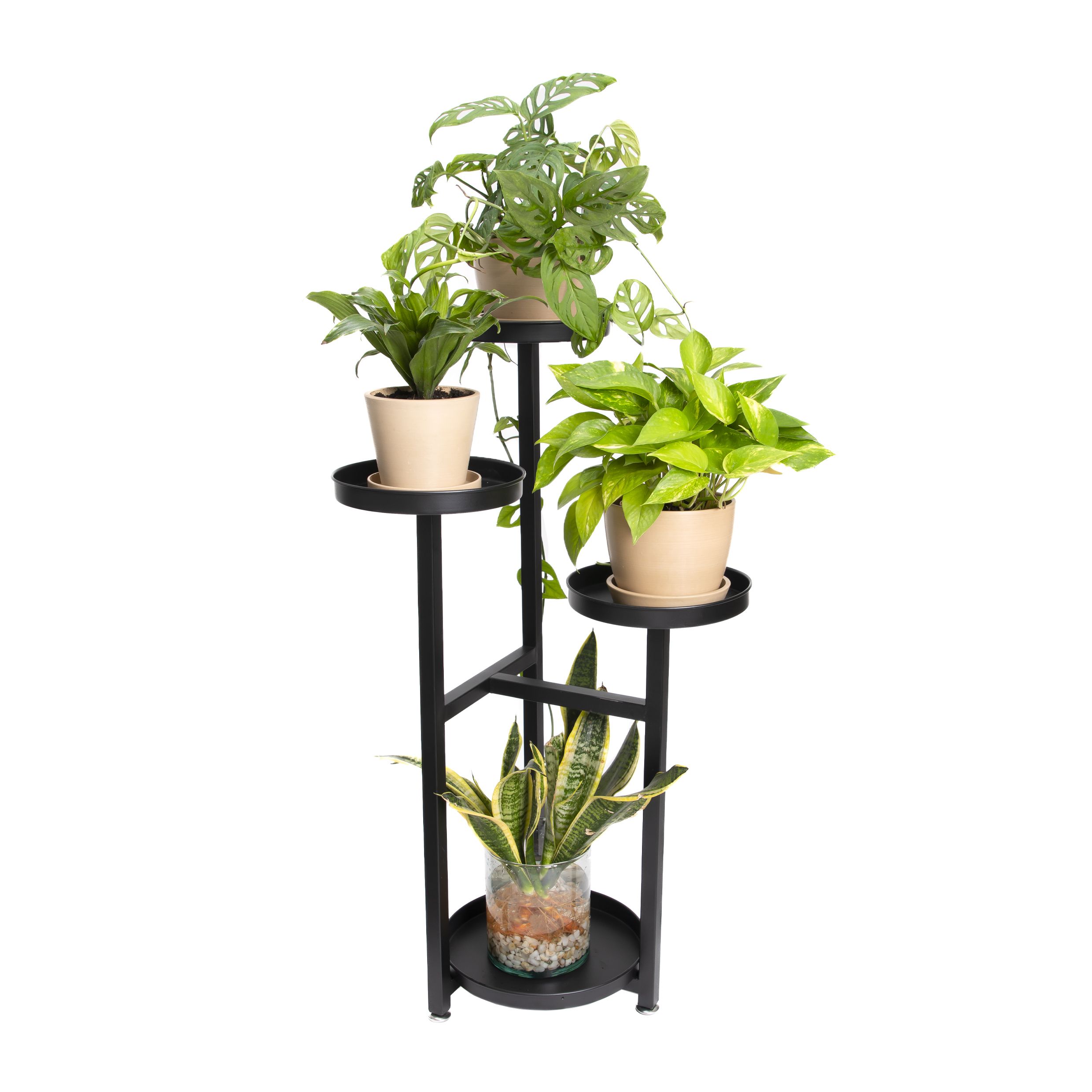 Stijlvolle QUVIO plantenstandaard voor vier planten – Zwart metalen rek