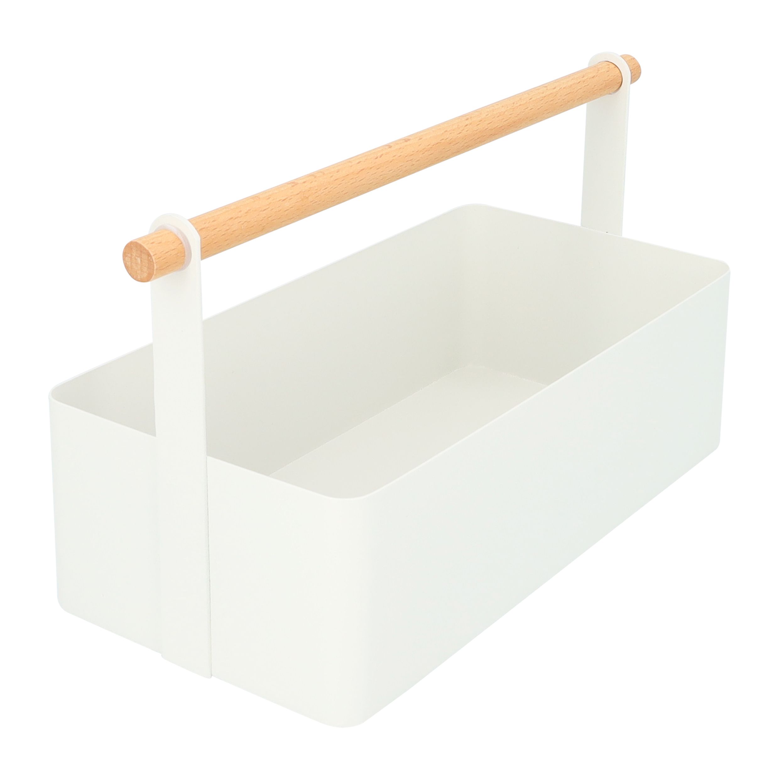 Stijlvolle QUVIO Witte Metalen Opbergbak met Houten Handvat – Compact & Praktisch
