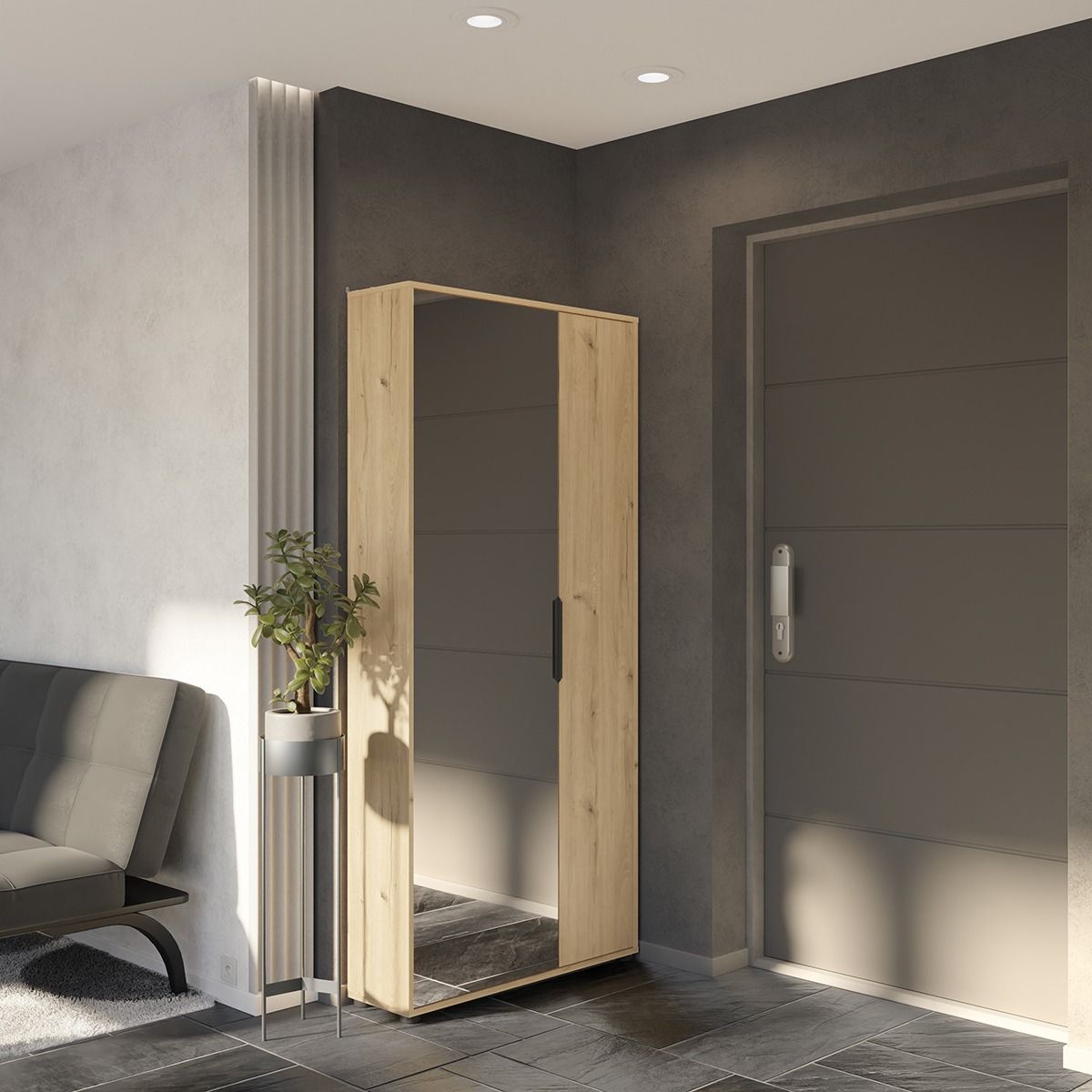 Stijlvolle schoenenkast Ebony met spiegeldeur – robuust eiken design