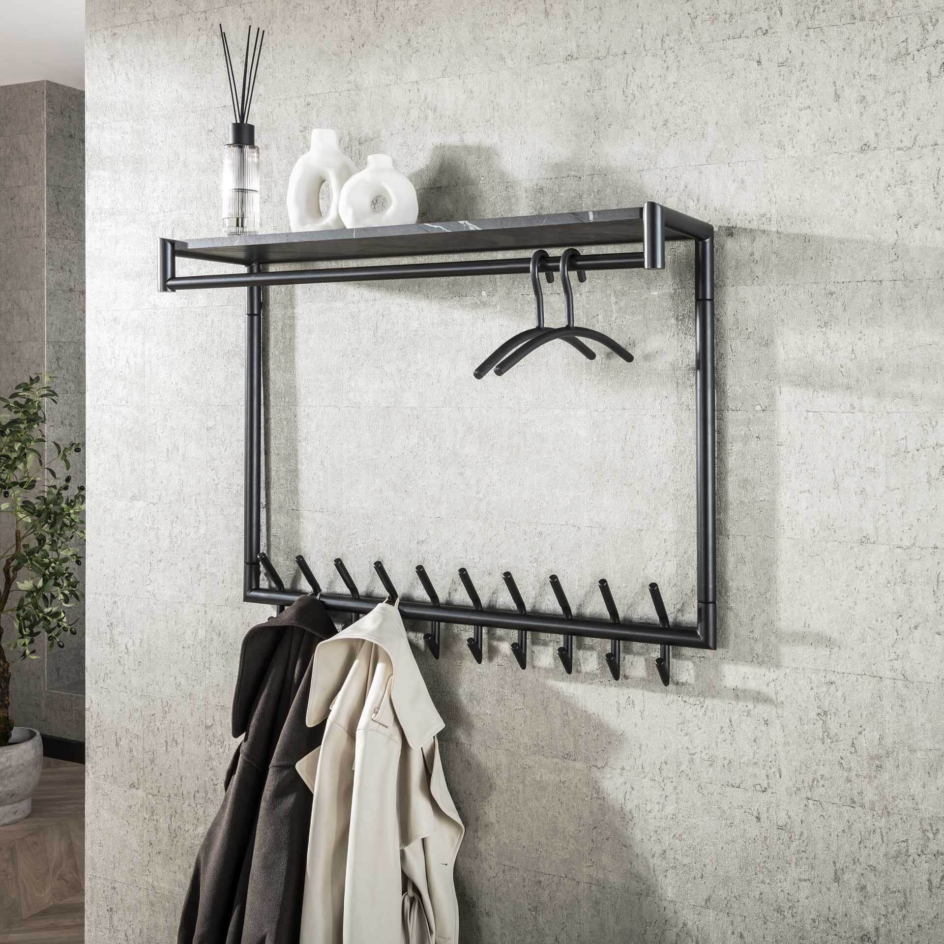 Stijlvolle wandkapstok Tenaro van LifestyleFurn – 20 haken, roede en keramieklook plank