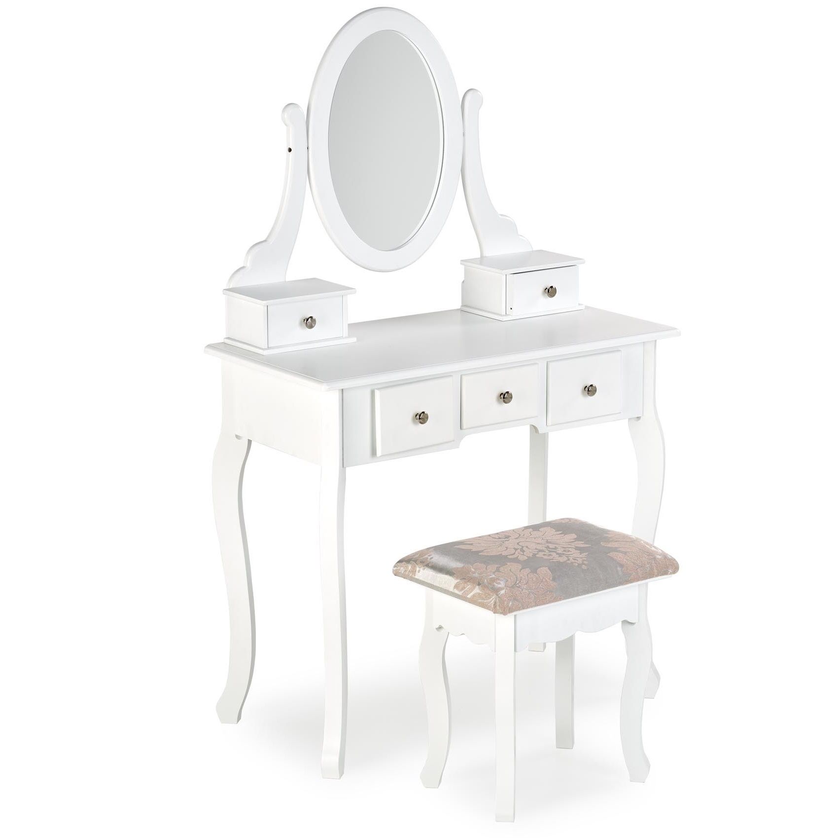 Stijlvolle witte kaptafel Sara 80 cm – met spiegel, kruk en 5 lades