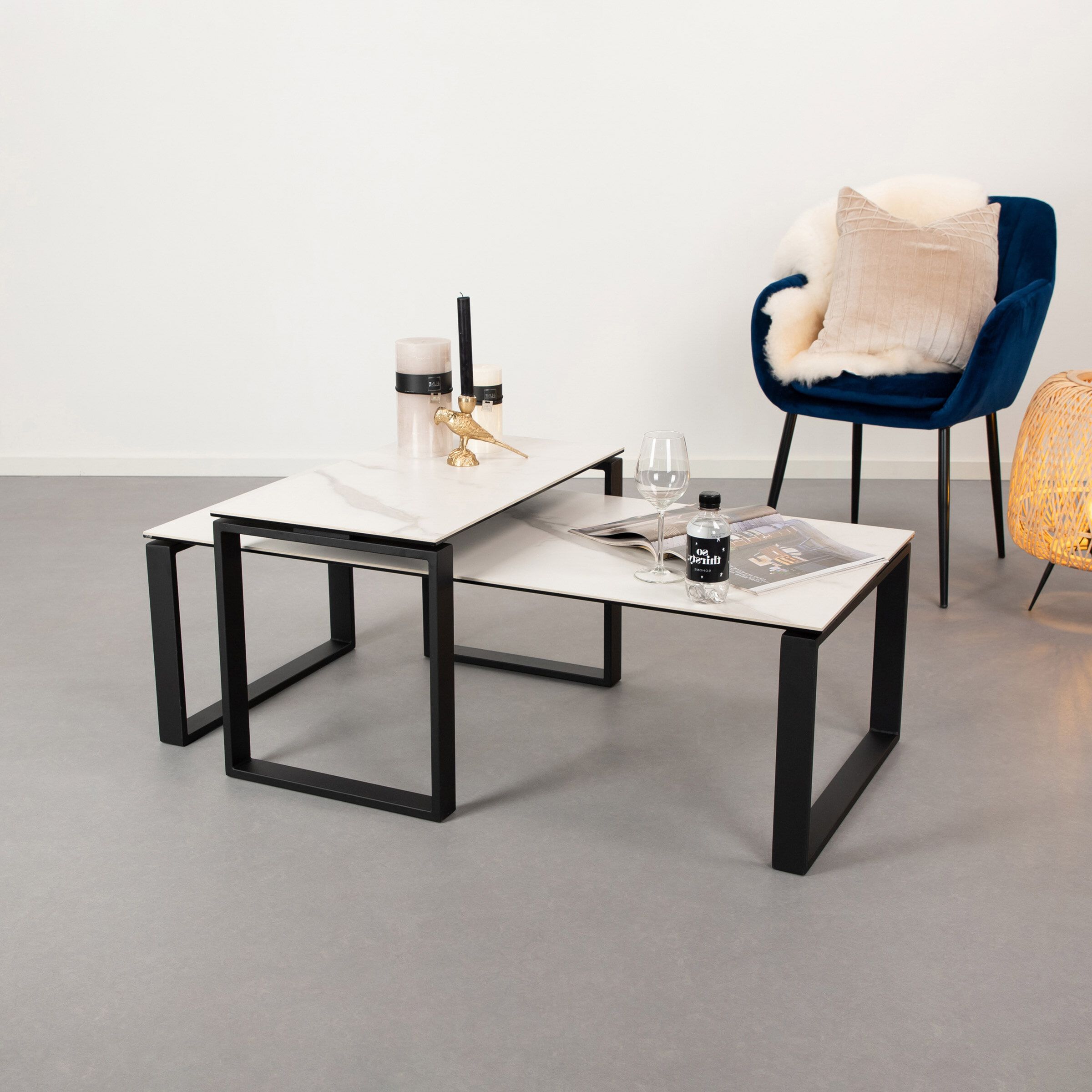Stijlvolle witte salontafelset Parker van Sohome – keramisch glasblad met marmerlook