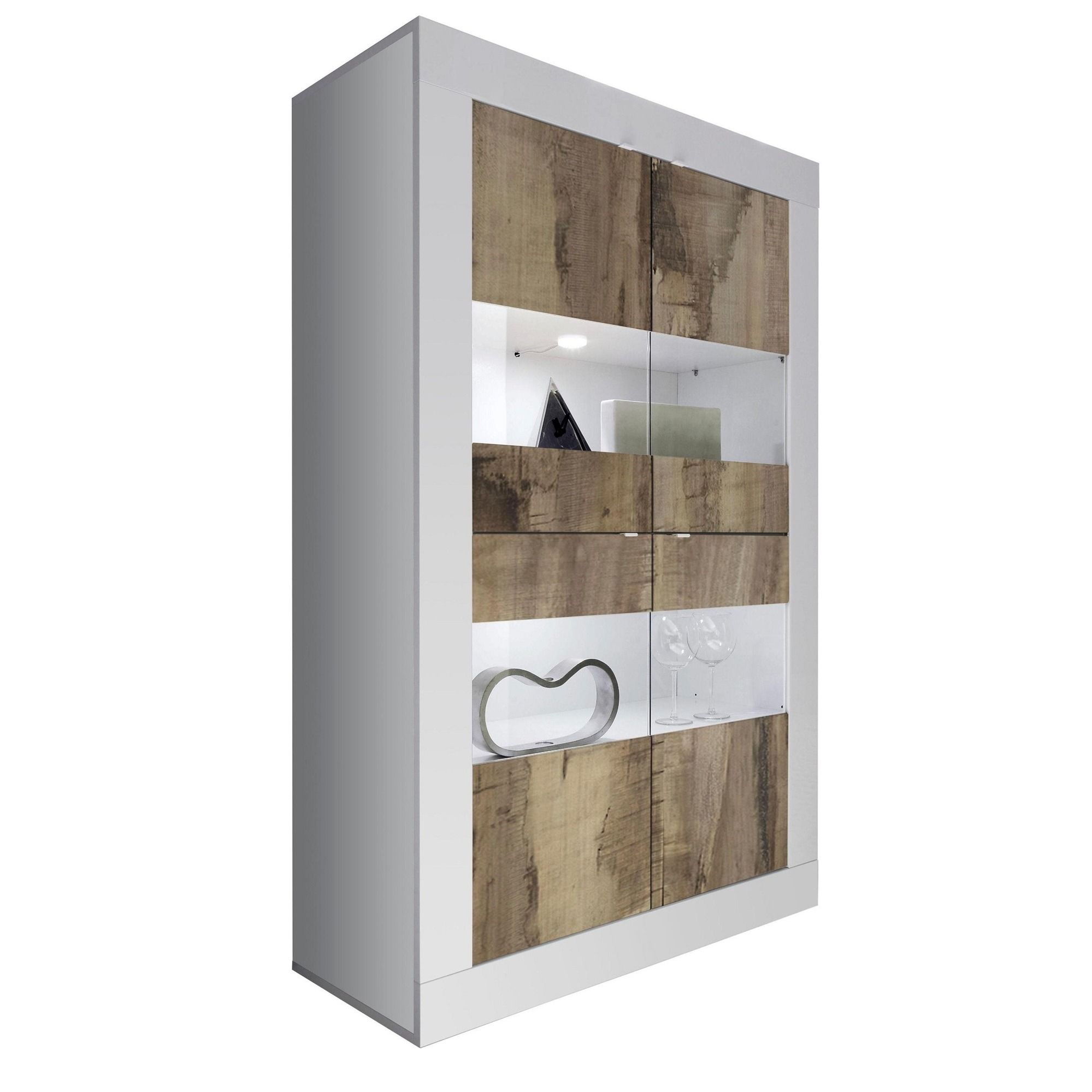 Stijlvolle witte vitrinekast met eiken accent – 162 cm Hoog