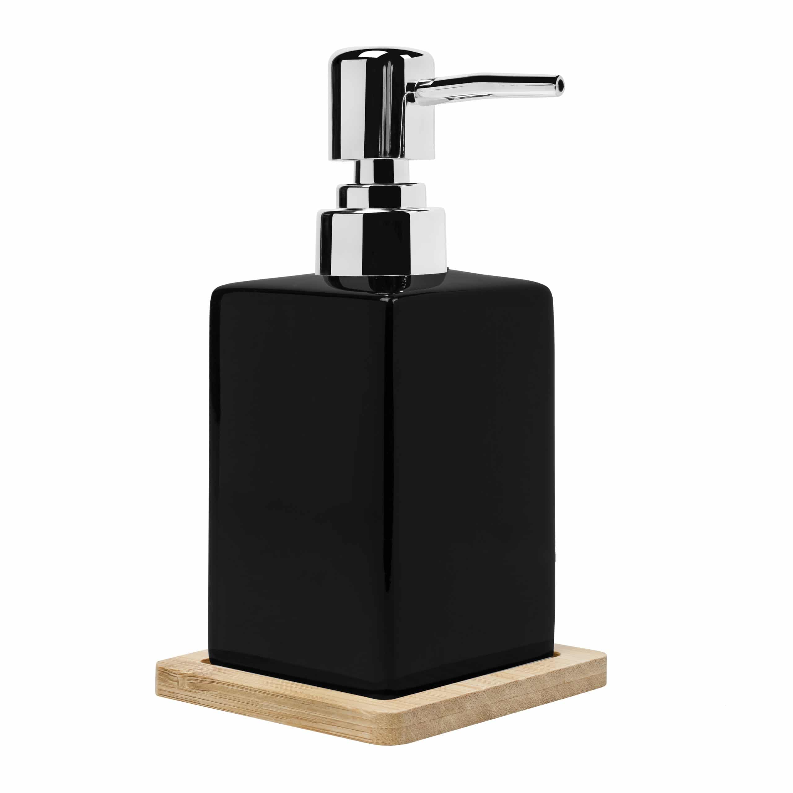 Stijlvolle zwarte QUVIO zeepdispenser met houten onderzetter – compact en elegant