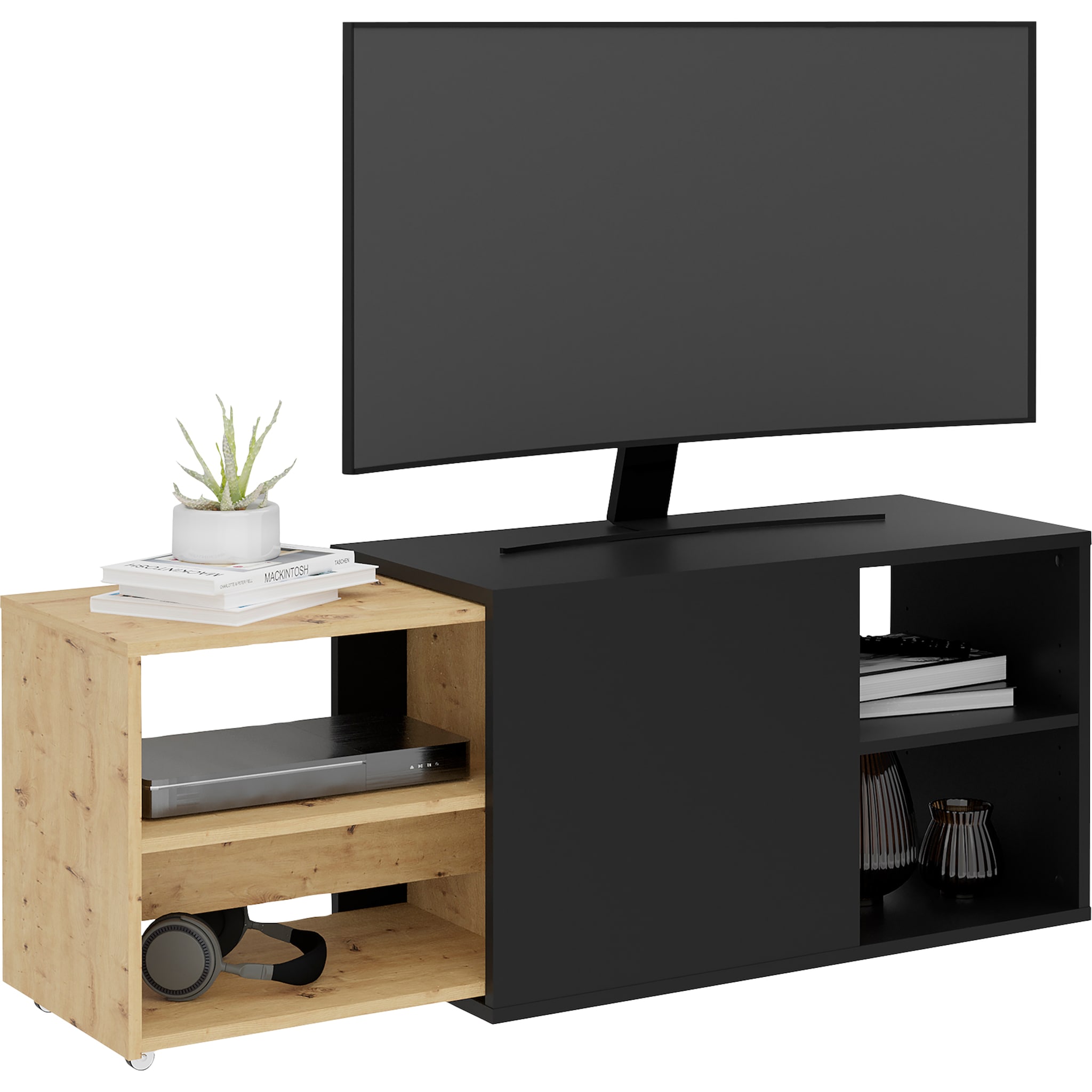 Stijlvolle zwarte TV‑meubel Slide 129 cm – Artisan eiken afwerking