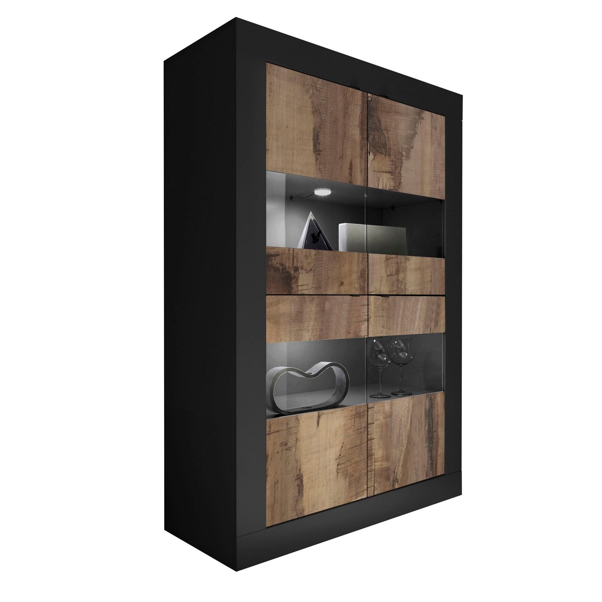 Strakke Zwarte Vitrinekast Basic – 162 cm Hoog met Eiken Accenten