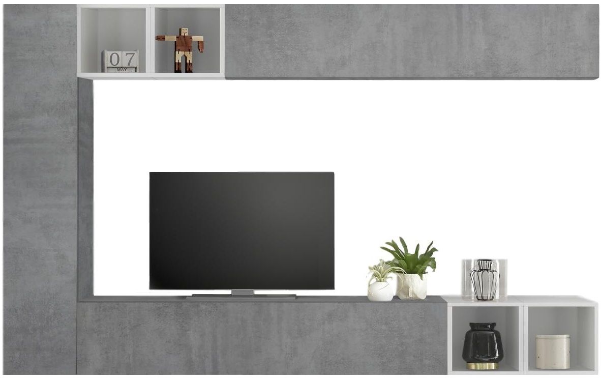 Sultan TV‑wandmeubel in hoogglans wit & grijs beton – strak design met slimme opbergoplossingen