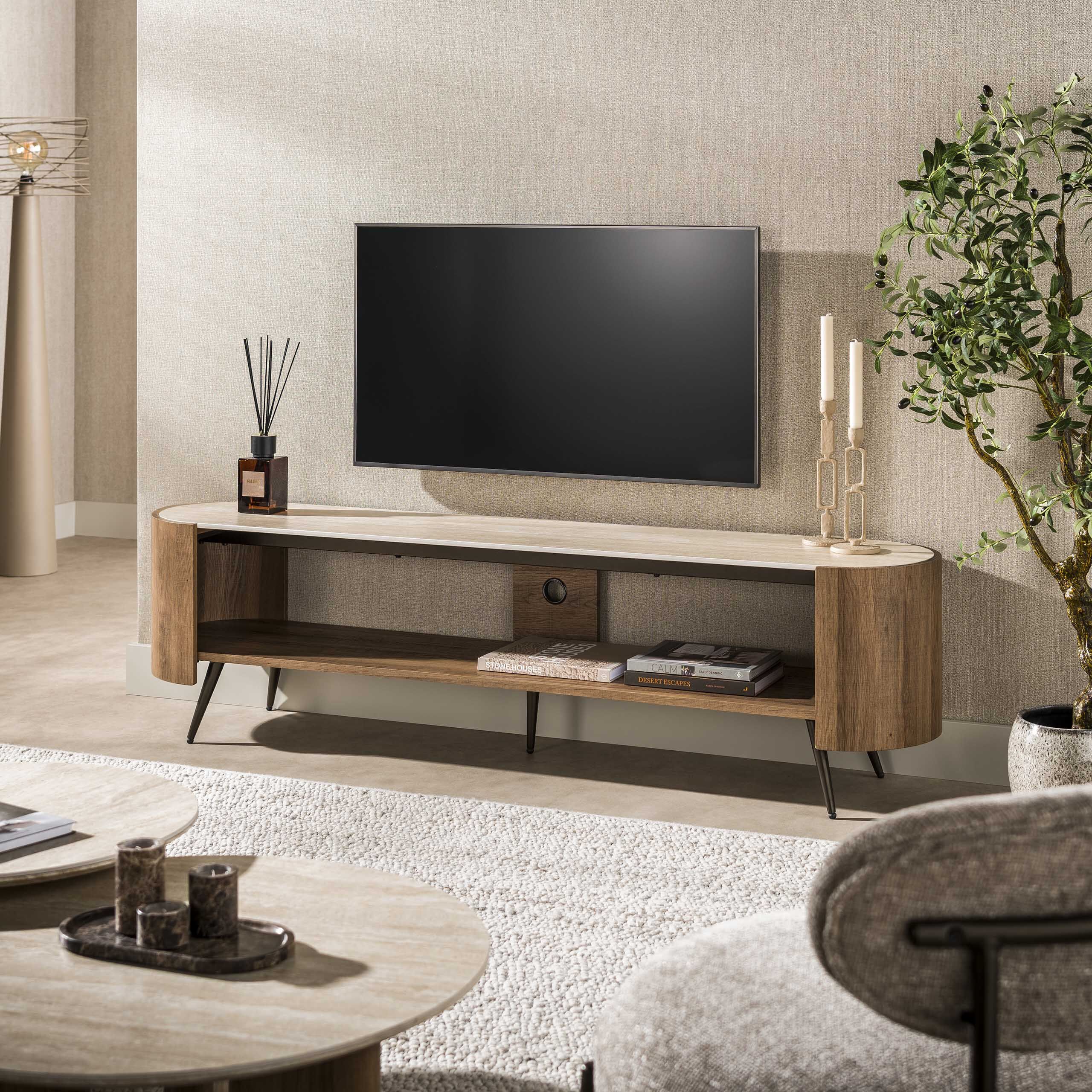 Terina TV‑meubel van LifestyleFurn – 180 cm keramisch blad in travertinlook