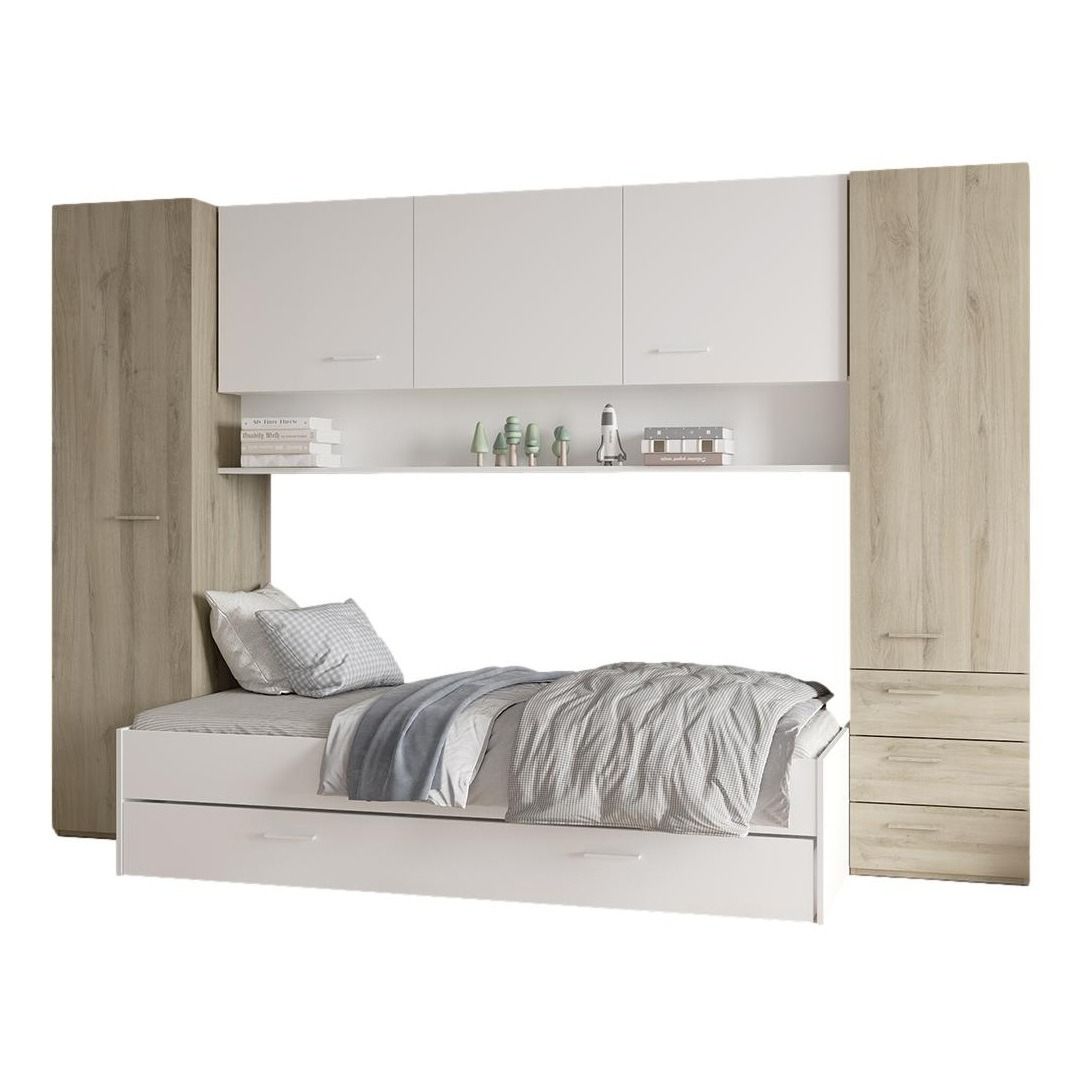 Tidy overbed – elegant eenpersoonsbed met ruime opbergruimte in kronberg eiken & wit
