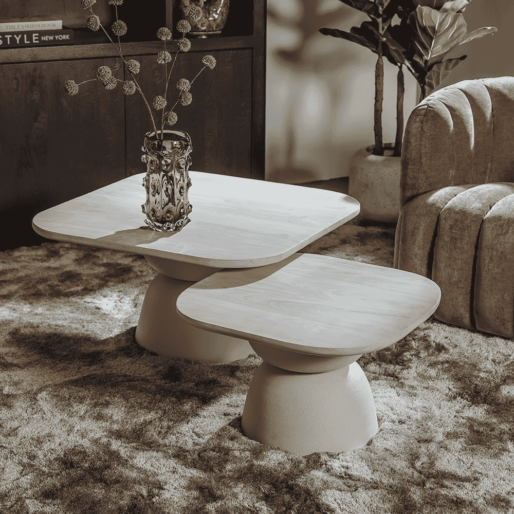 Tower Living Barza Mangohouten Salontafeln – Set van 2 in Off‑White