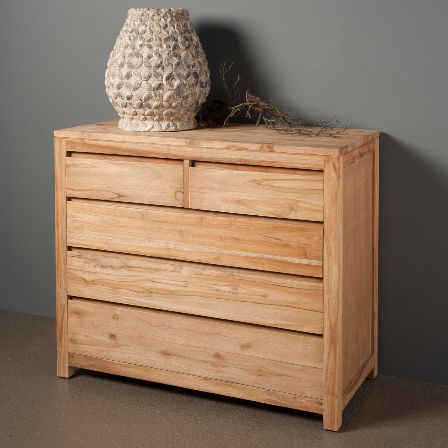Tower Living Corona ladekast – natuurlijke teak met 5 greeploze lades