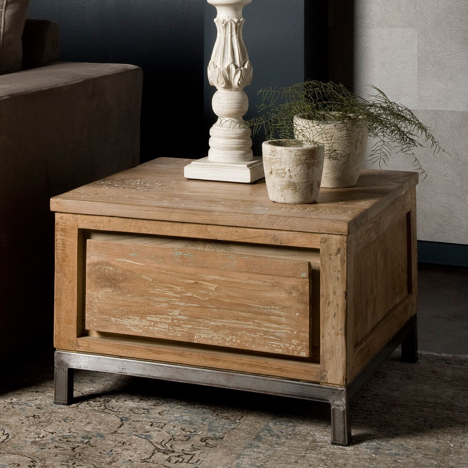 Tower Living Industriële Bijzettafel Venetië – Bruin, Vierkant met Lade