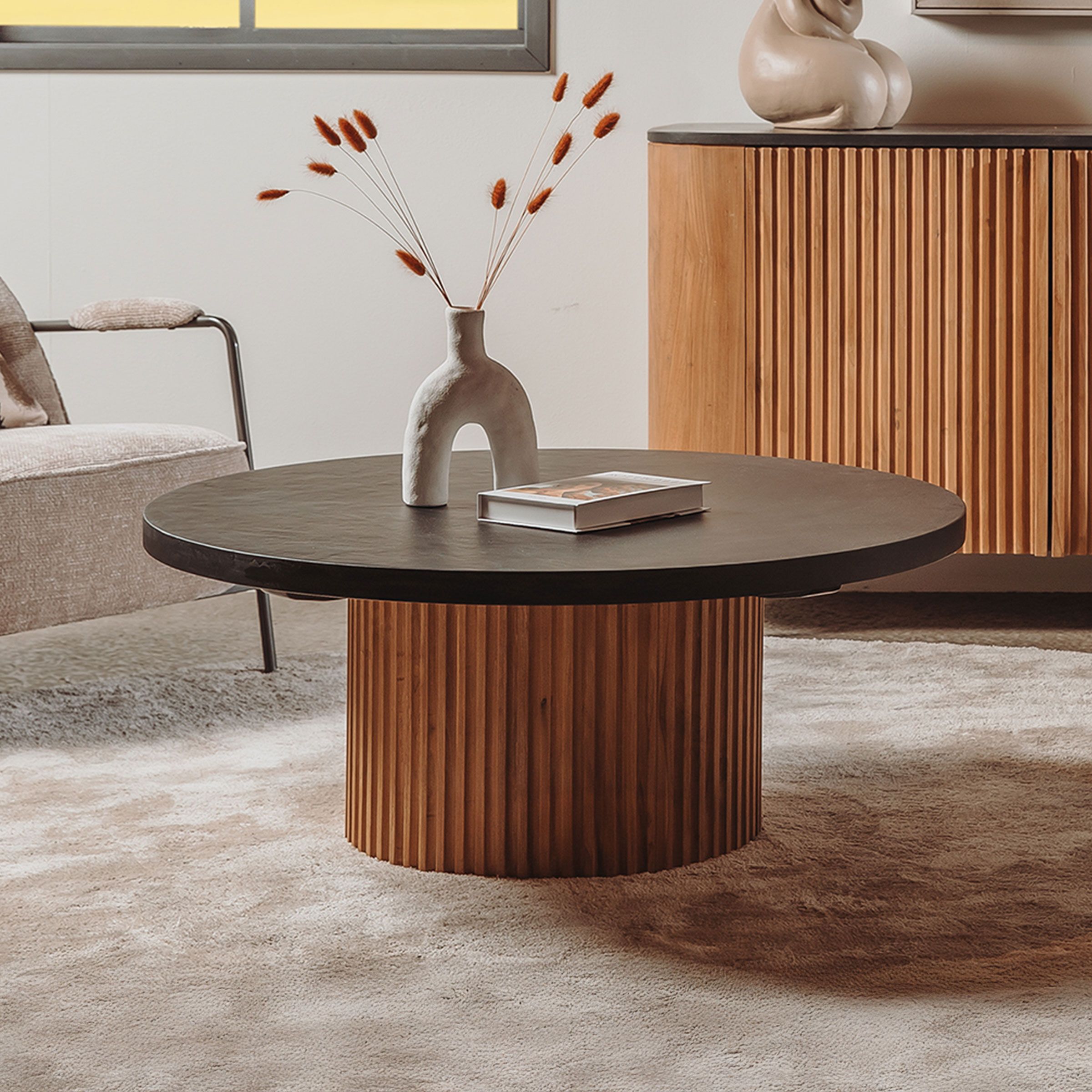 Tower Living Ronde Salontafel Palazzo – 100 cm, Zwart, Gerecycled Teakhout & Mineraal Stucwerk
