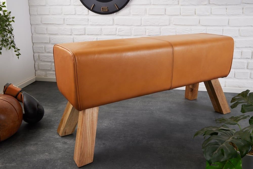 Turnbock 100 cm Designbank – Cognac Echt Leer & Mangohouten Retro Kruk