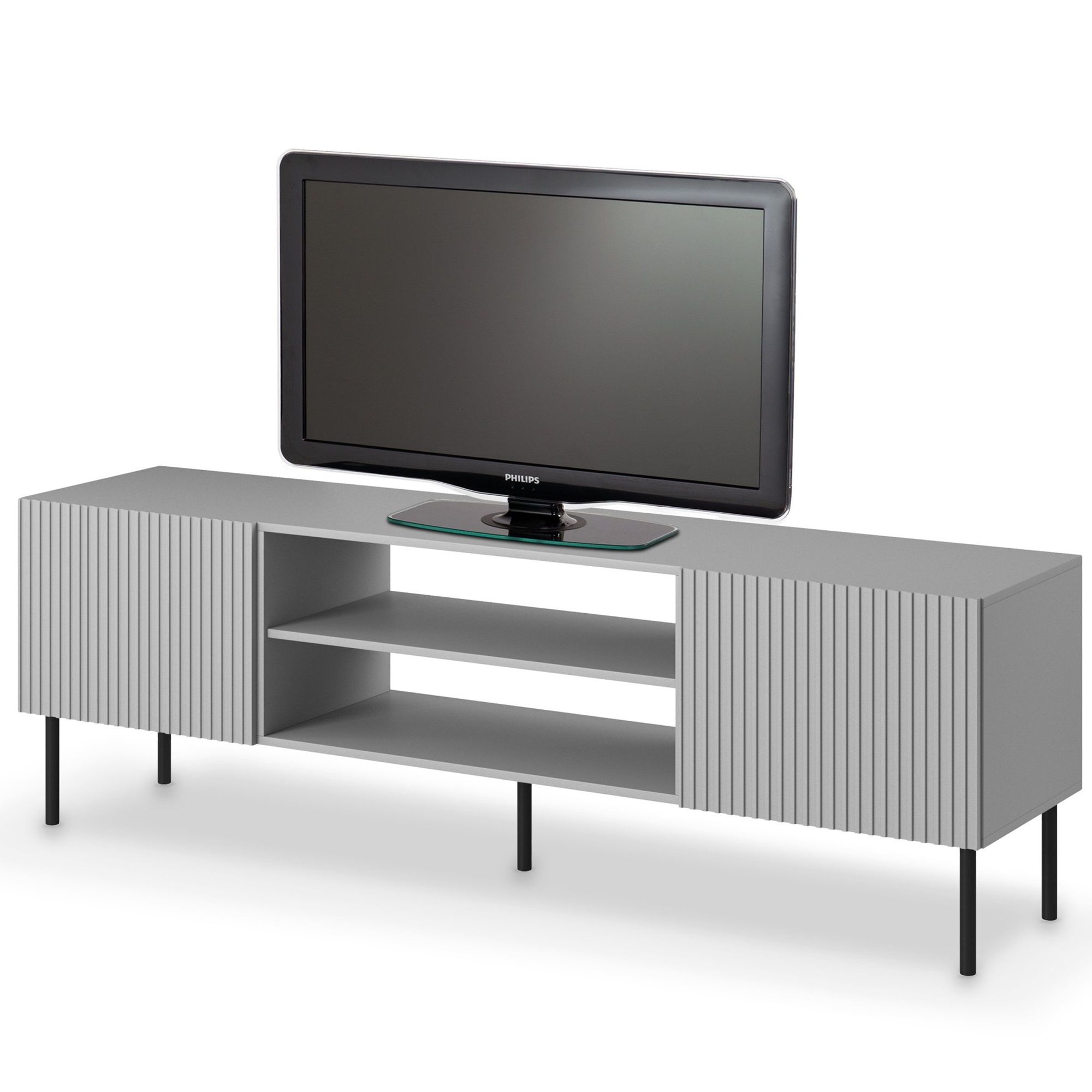 TV‑meubel Asensio 180 cm – Modern lichtgrijs met zwarte accenten