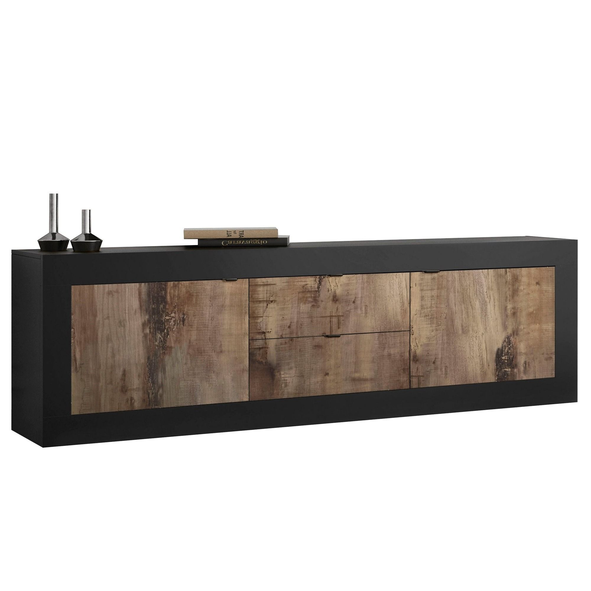 Tv-meubel Basic – 210 cm breed, zwart met eiken front – Pesaro Mobilia