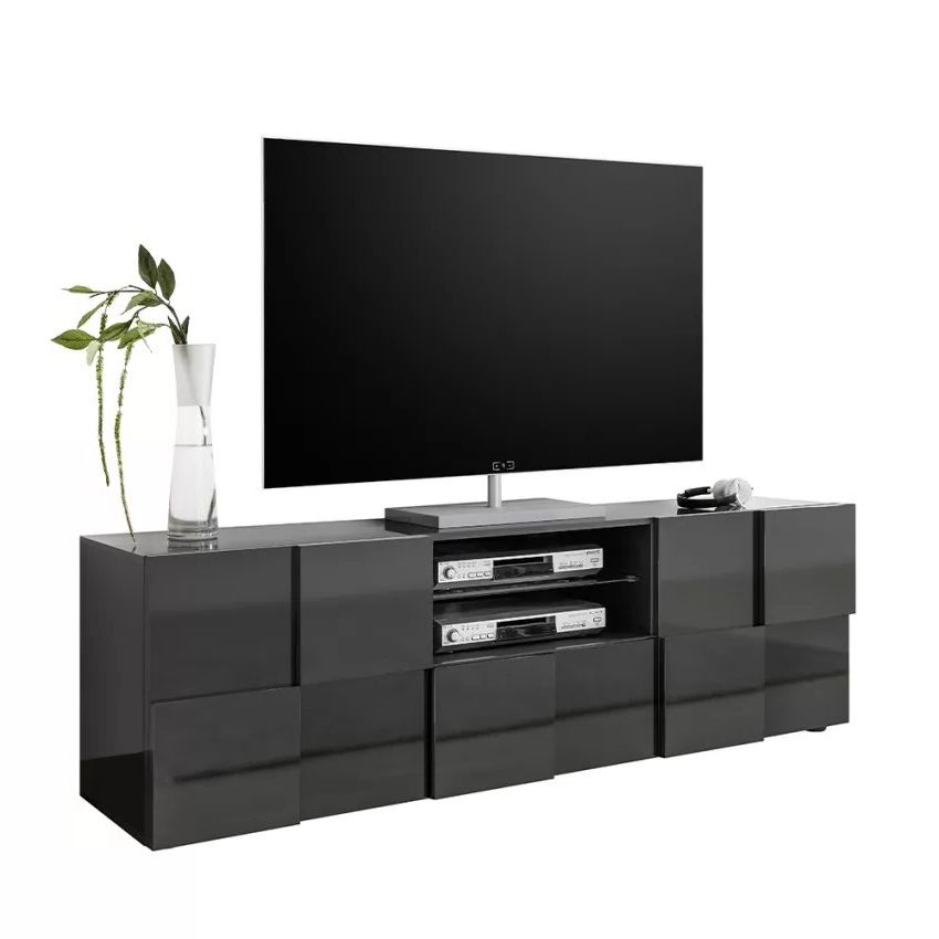 Tv-meubel Dama – Strak hoogglans grijs, 181 cm breed en vol opbergruimte