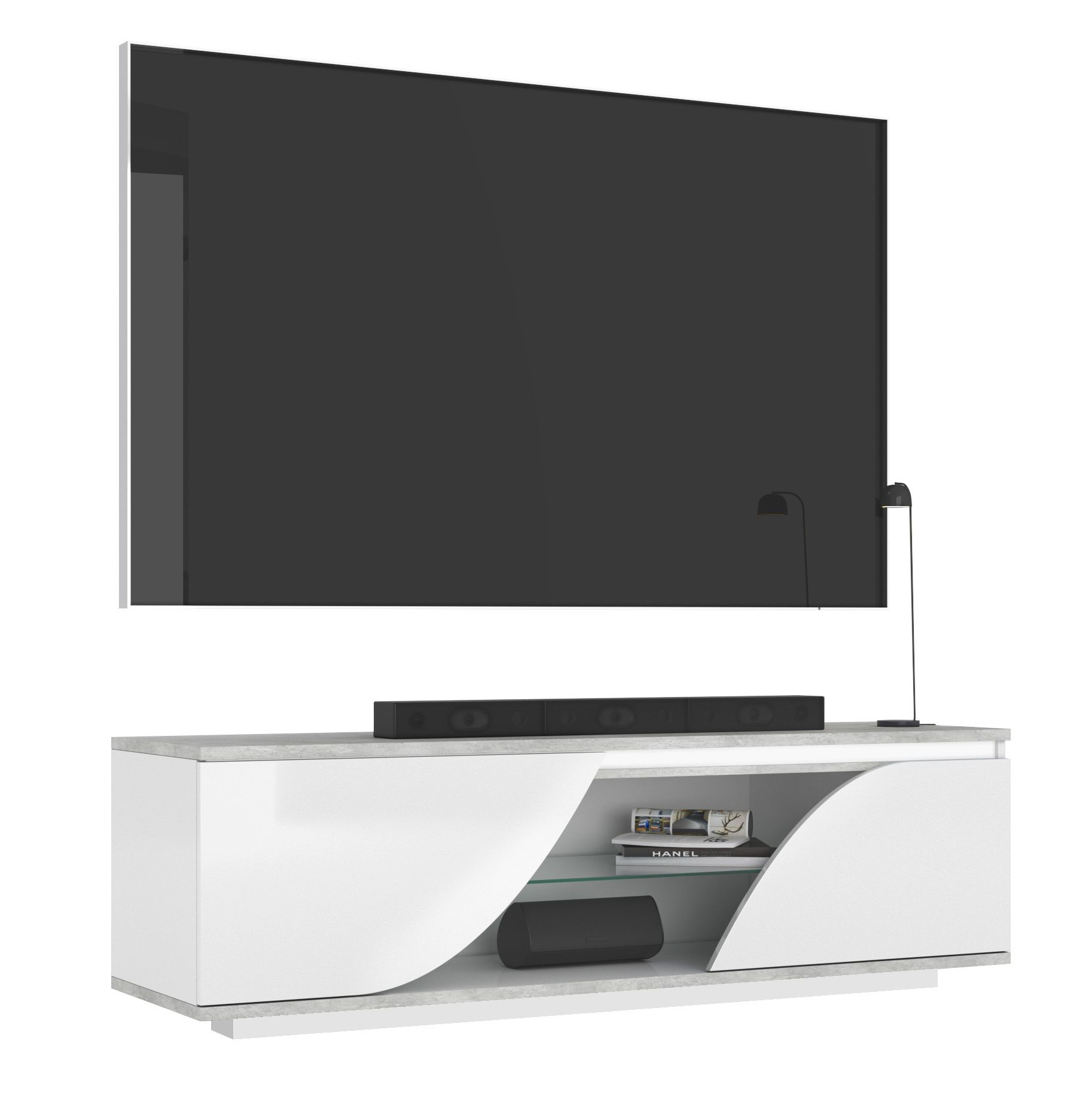 Tv Meubel Goya 165 cm – Hoogglans wit met betongrijse accenten