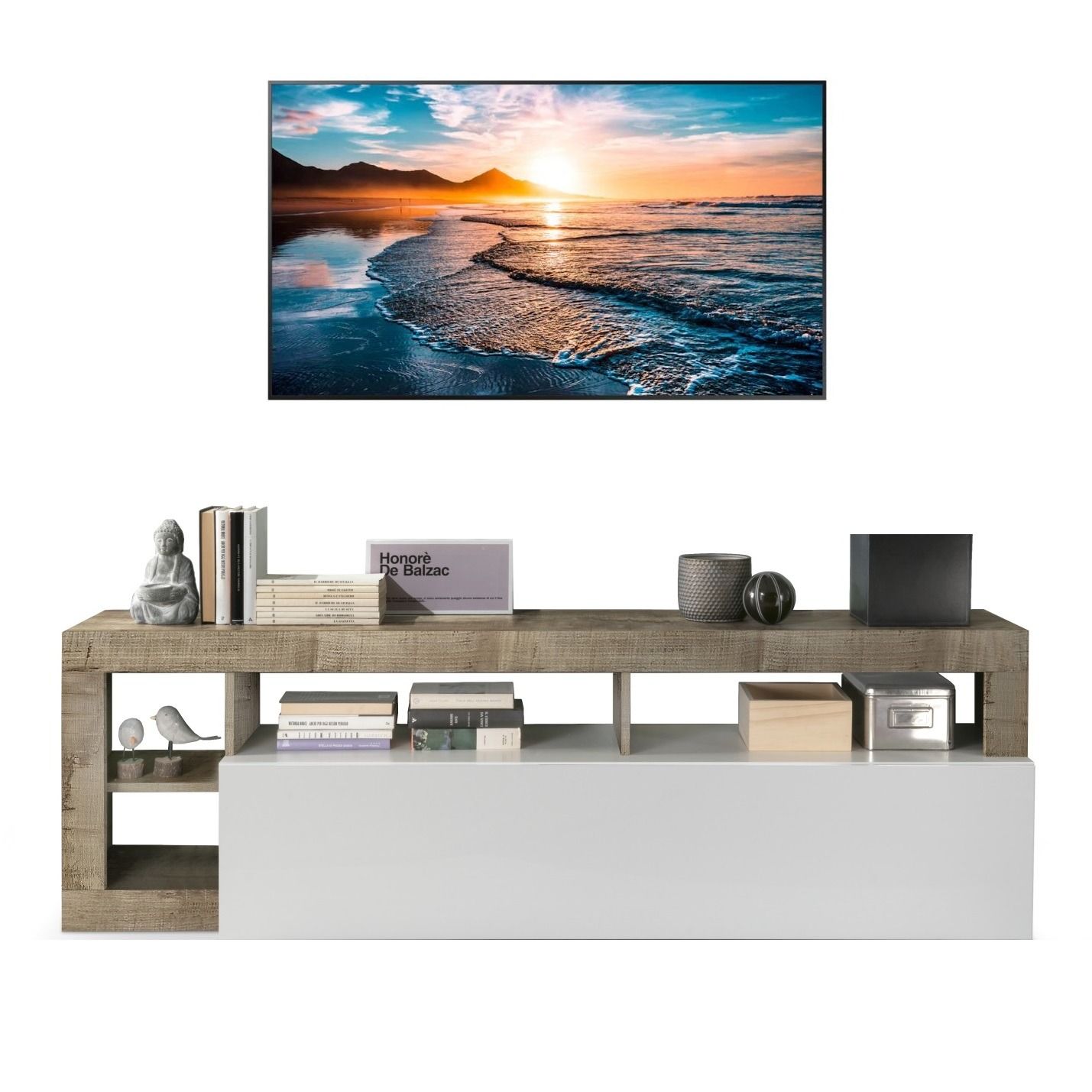 Tv‑meubel Hamburg – 184 cm, hoogglans wit met eikenaccent
