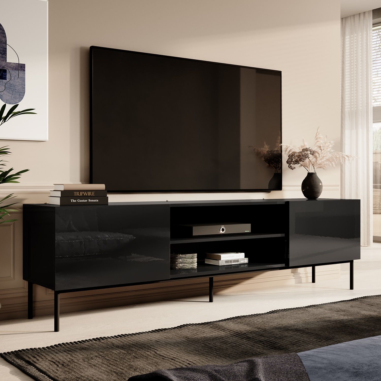 Tv-meubel Slide 200 cm – Strakke, zwarte glans voor een moderne woonkamer