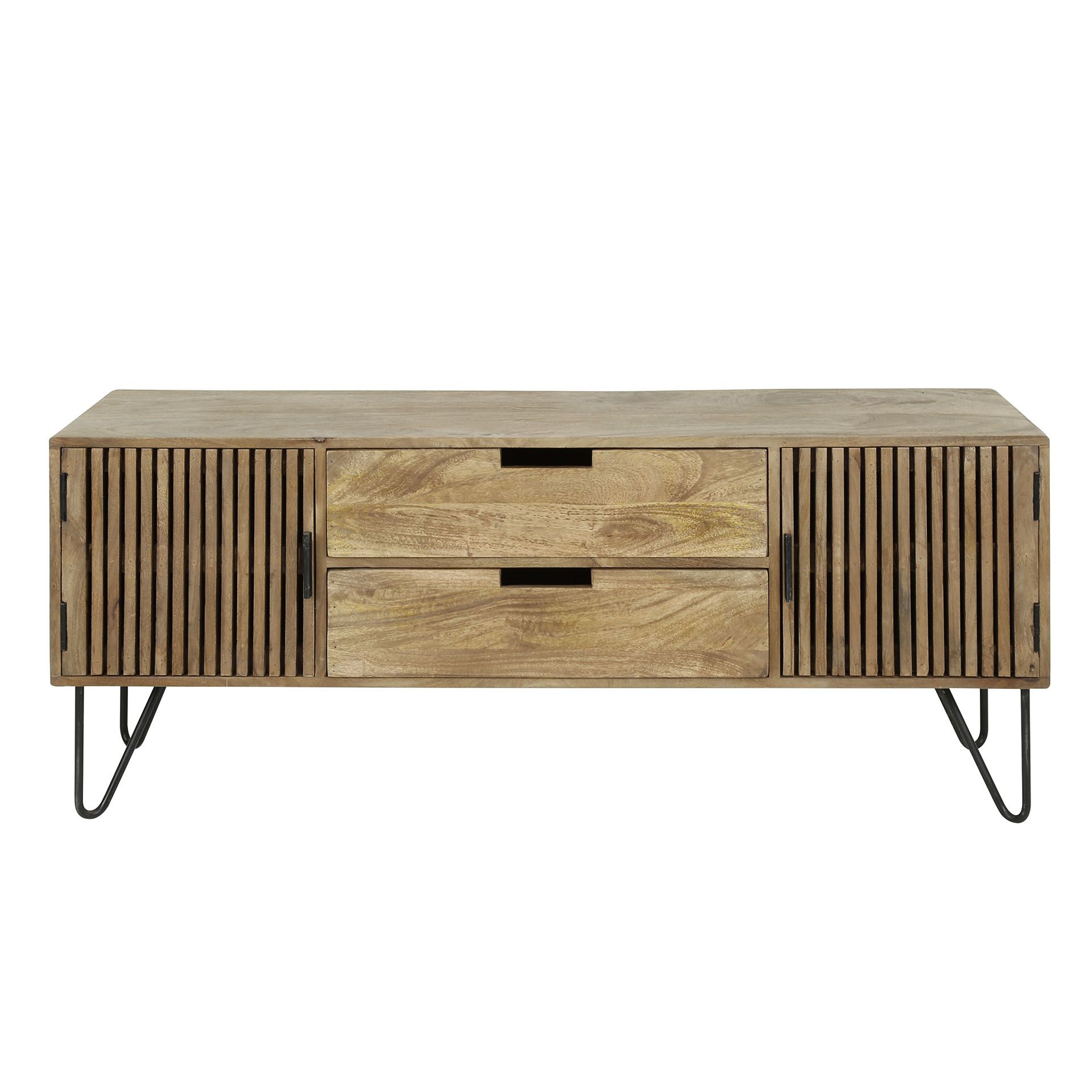 TV‑meubel Tweak 135 cm – Natuurlijk mango hout met strak metalen onderstel