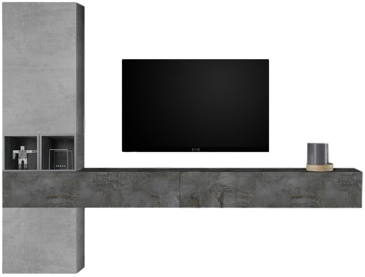 TV‑wandmeubel Berlin – Grijze betonlook met Oxid afwerking
