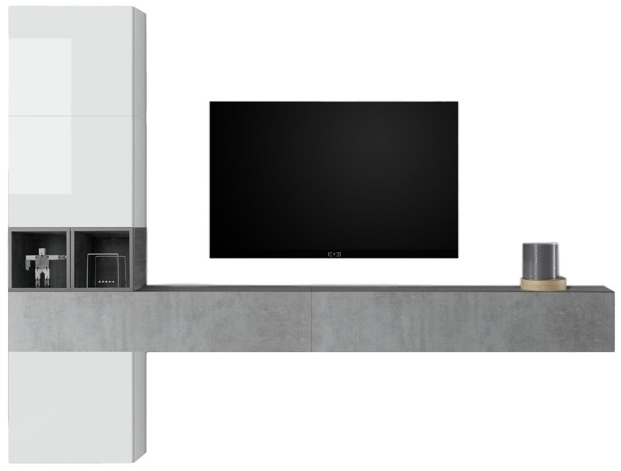 TV‑wandmeubel Berlin – Strak, hoogglans wit met betonnen accenten
