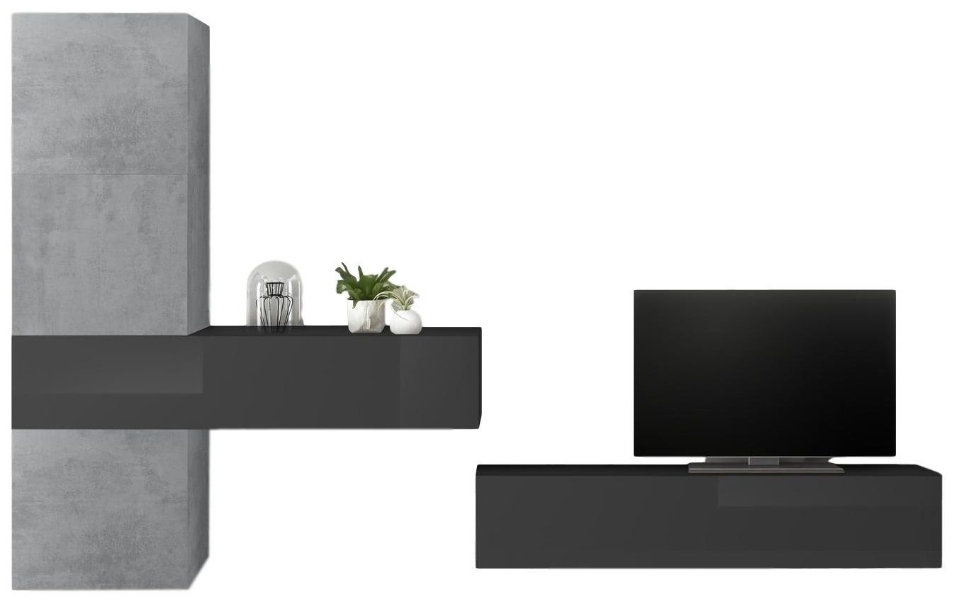 TV‑wandmeubel Bruno – Strak hoogglans grijs met betonaccent – Moderne set van 5 elementen