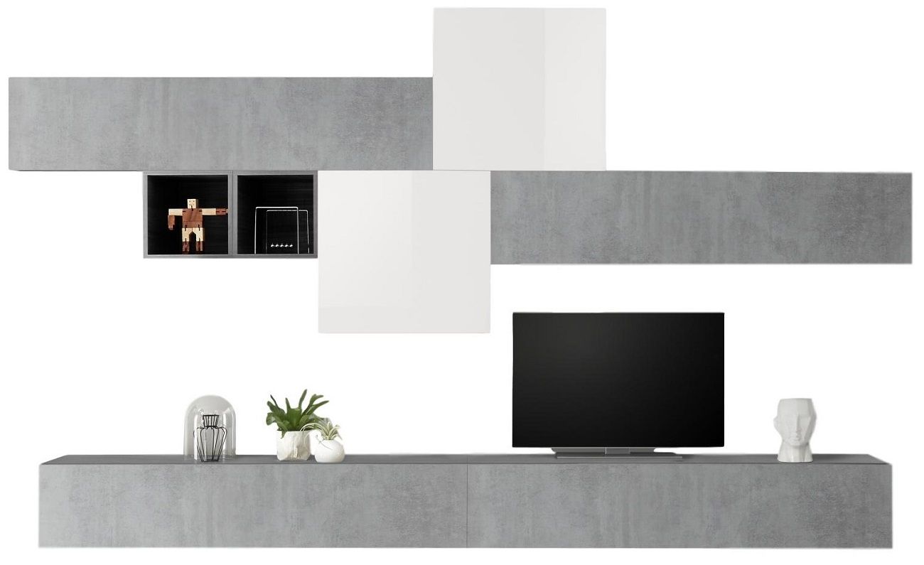 TV‑wandmeubel Gilly – Hoogglans wit met grijze betonlook