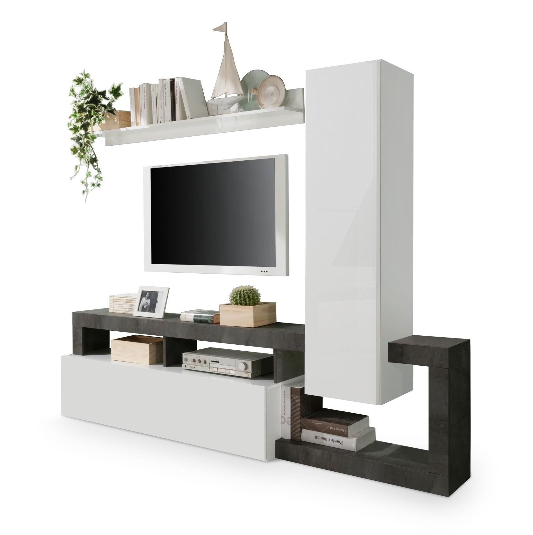 Tv-wandmeubel Hamburg 219 cm – Hoogglans wit met oxid