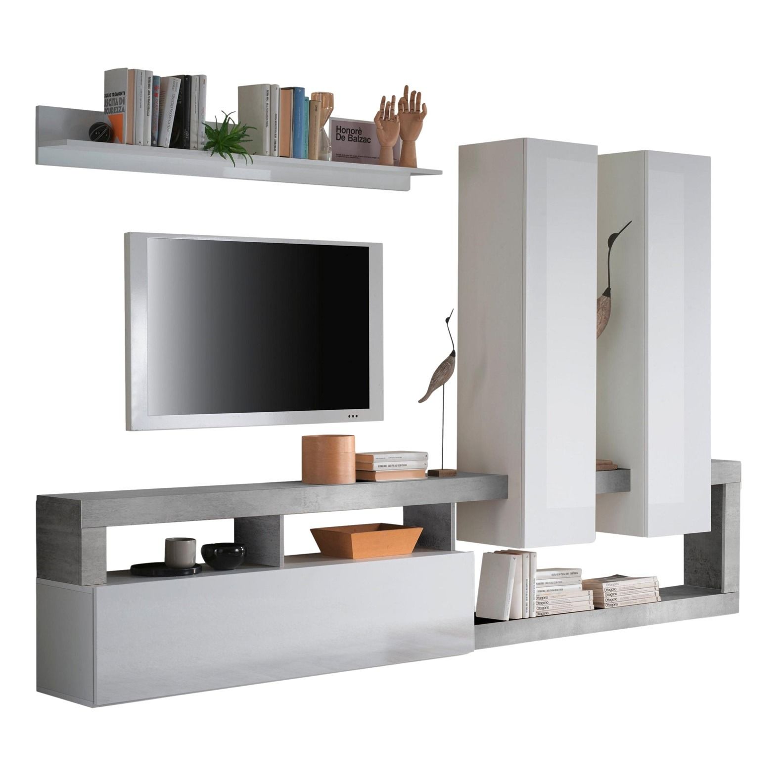 Tv‑wandmeubel Hamburg — 277 cm modern design in hoogglans wit met betonaccent