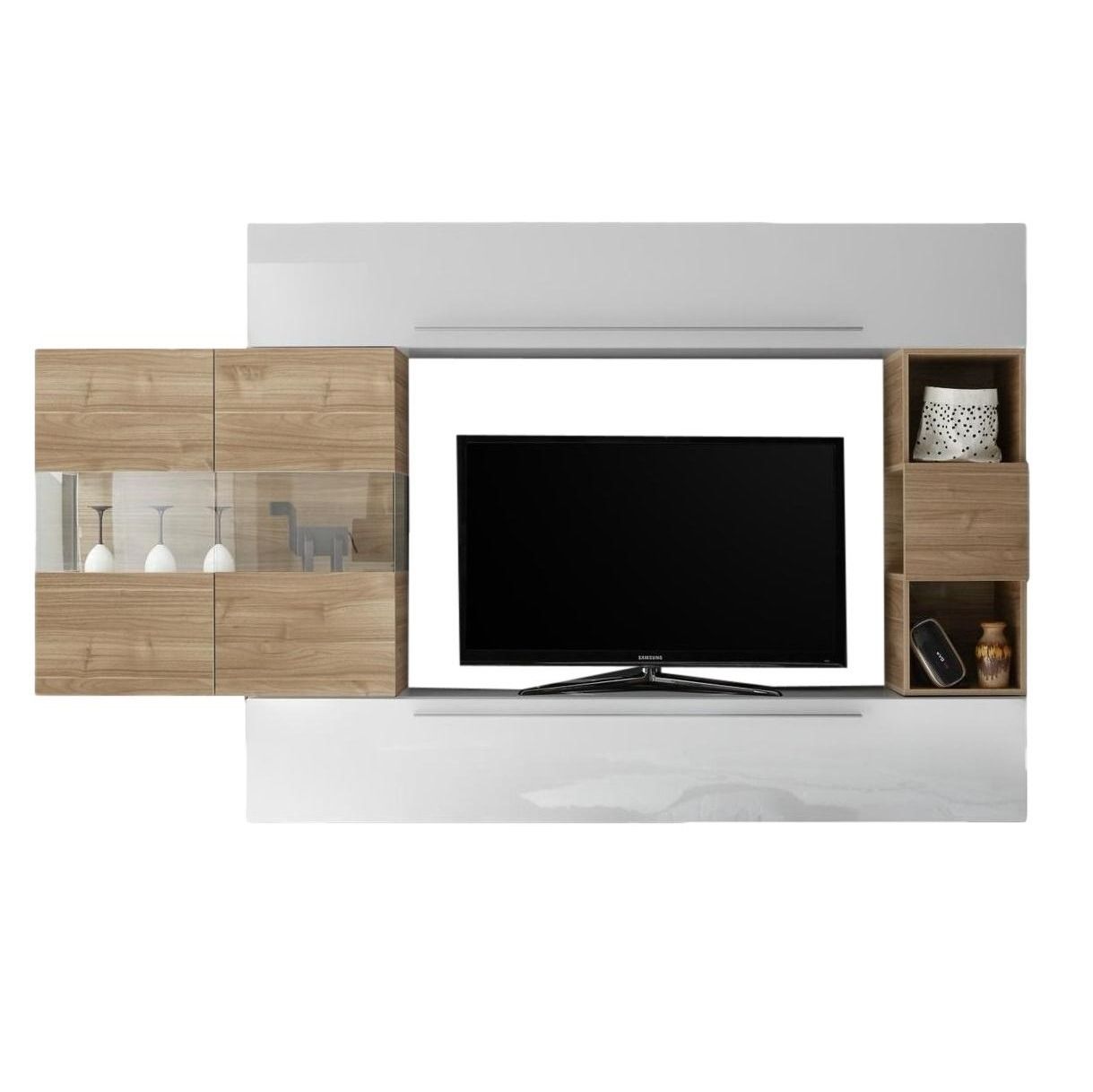 TV‑wandmeubel King in hoogglans wit met eiken – stijlvolle set van Pesaro Mobilia