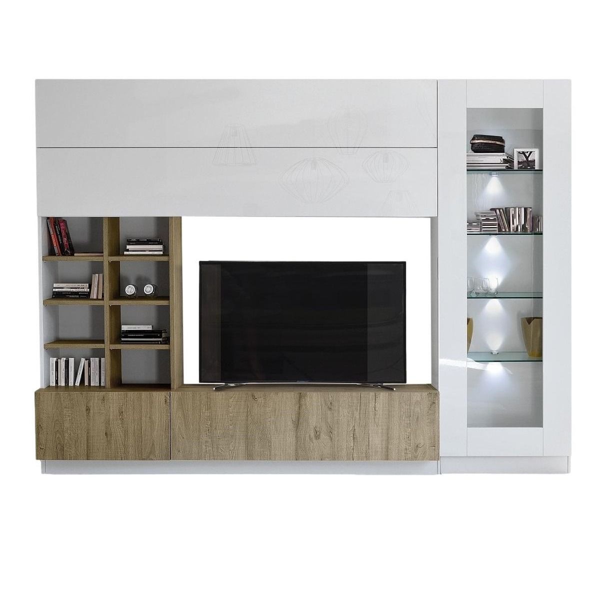 Tv-wandmeubel Line – 280 cm hoogglans wit met eiken front