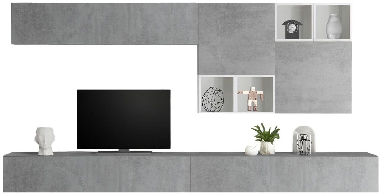 TV‑wandmeubel Sansa – Strak Italiaans design in hoogglans wit met betonaccent