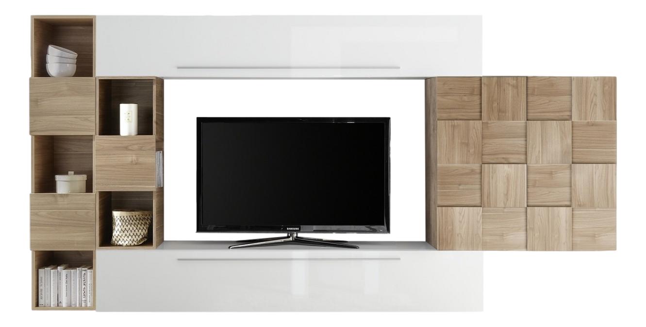 TV-wandmeubel set Dino – hoogglans wit & eiken, 5‑delige set met soft‑close