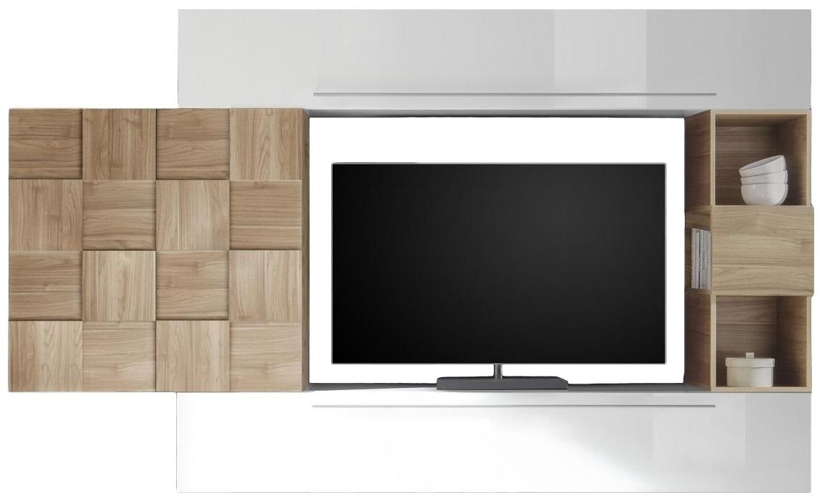 TV-wandmeubel set Duran – Hoogglans wit met eikenaccent voor een moderne woonkamer