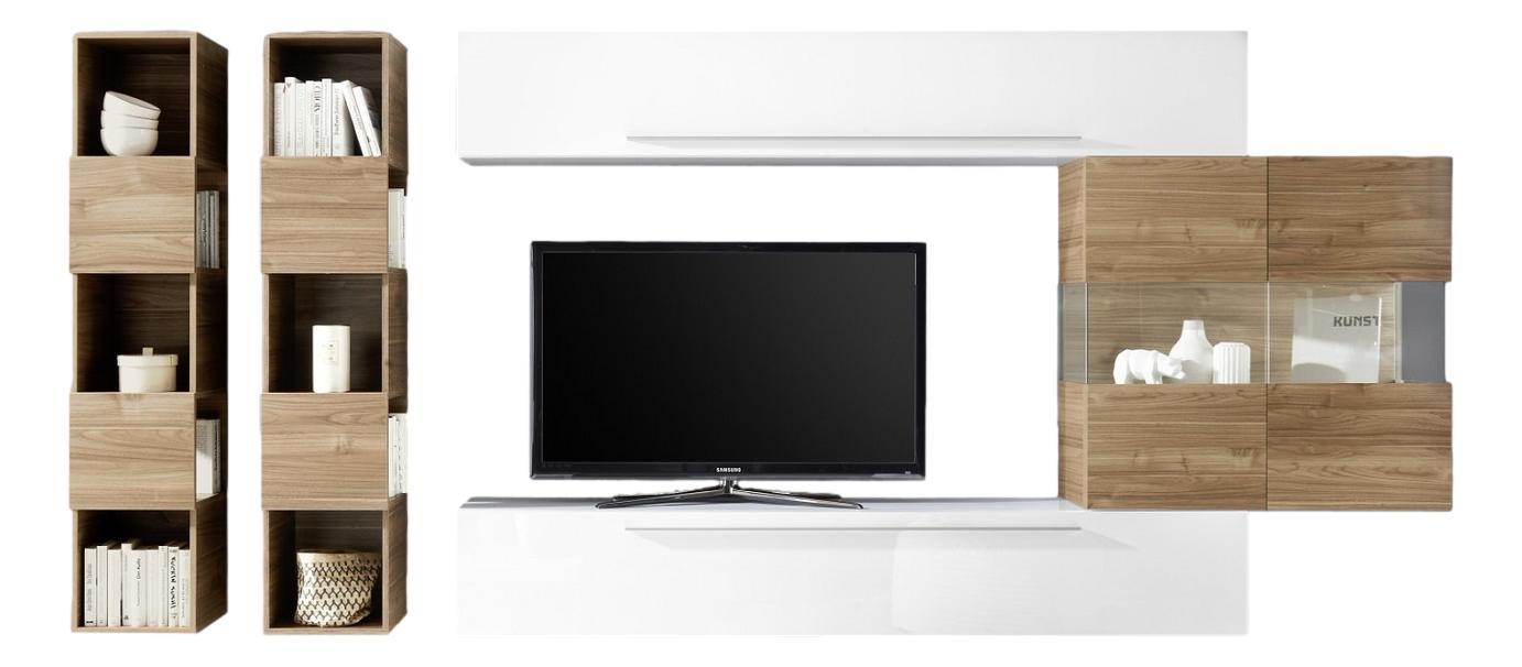 TV‑wandmeubel set Feder – Hoogglans wit met eikenaccenten