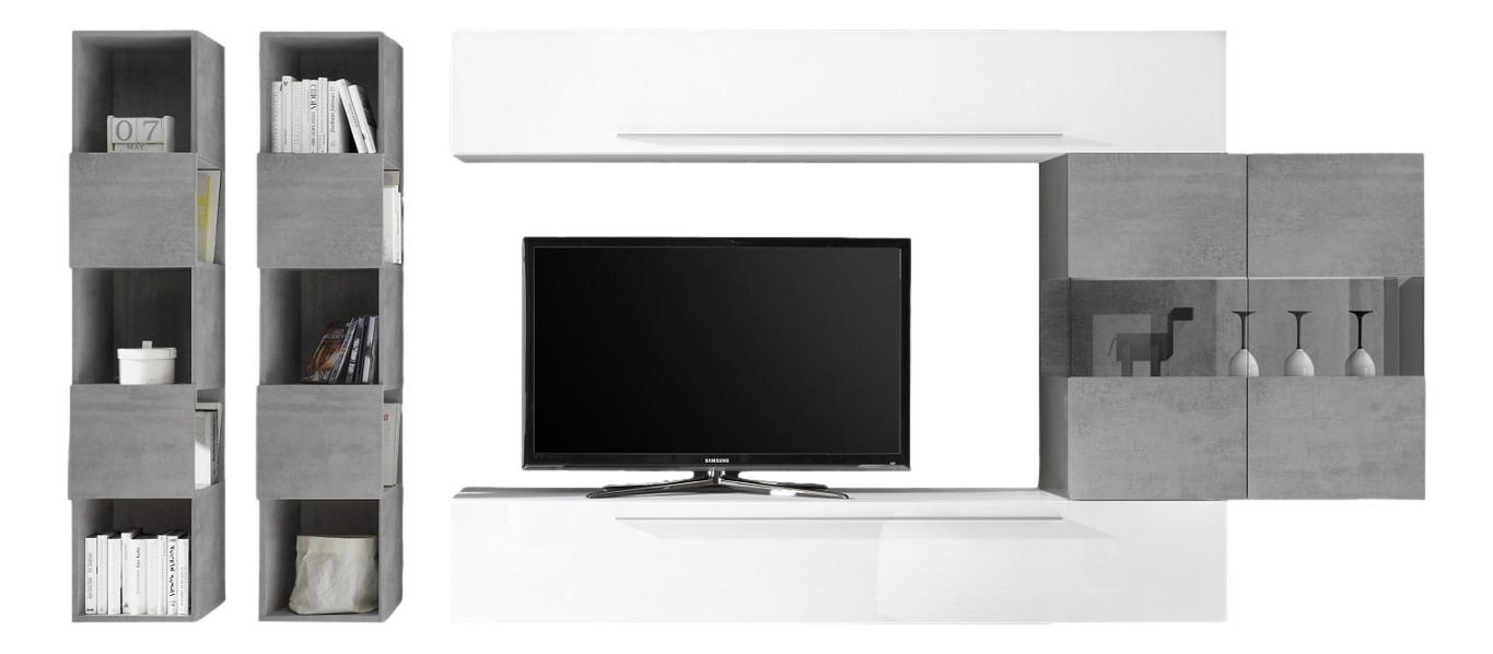 TV‑wandmeubel set Feder – Hoogglans wit met grijs beton