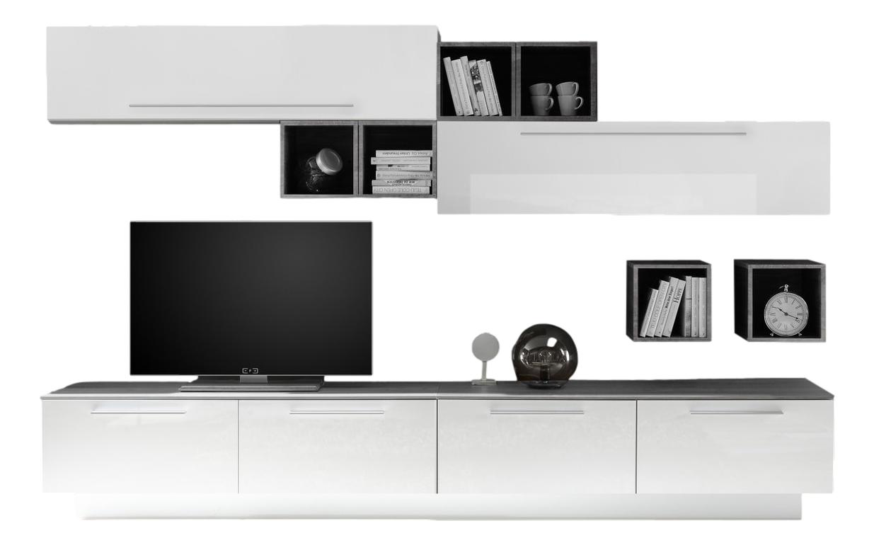TV-wandmeubel set Fleur – Hoogglans wit met grijze betonaccenten