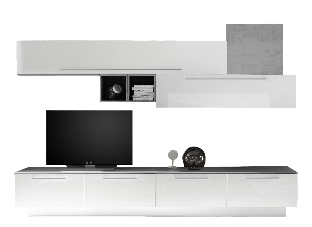 TV‑wandmeubel set Gims – Hoogglans wit met grijs beton voor een eigentijdse woonkamer
