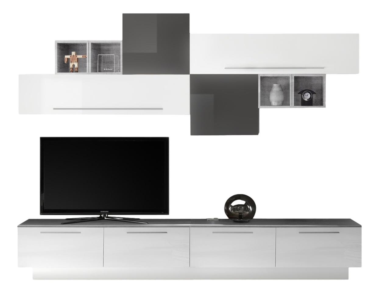 TV‑wandmeubel set Helsing – Hoogglans wit & grijs beton, 8‑delige set met soft‑close