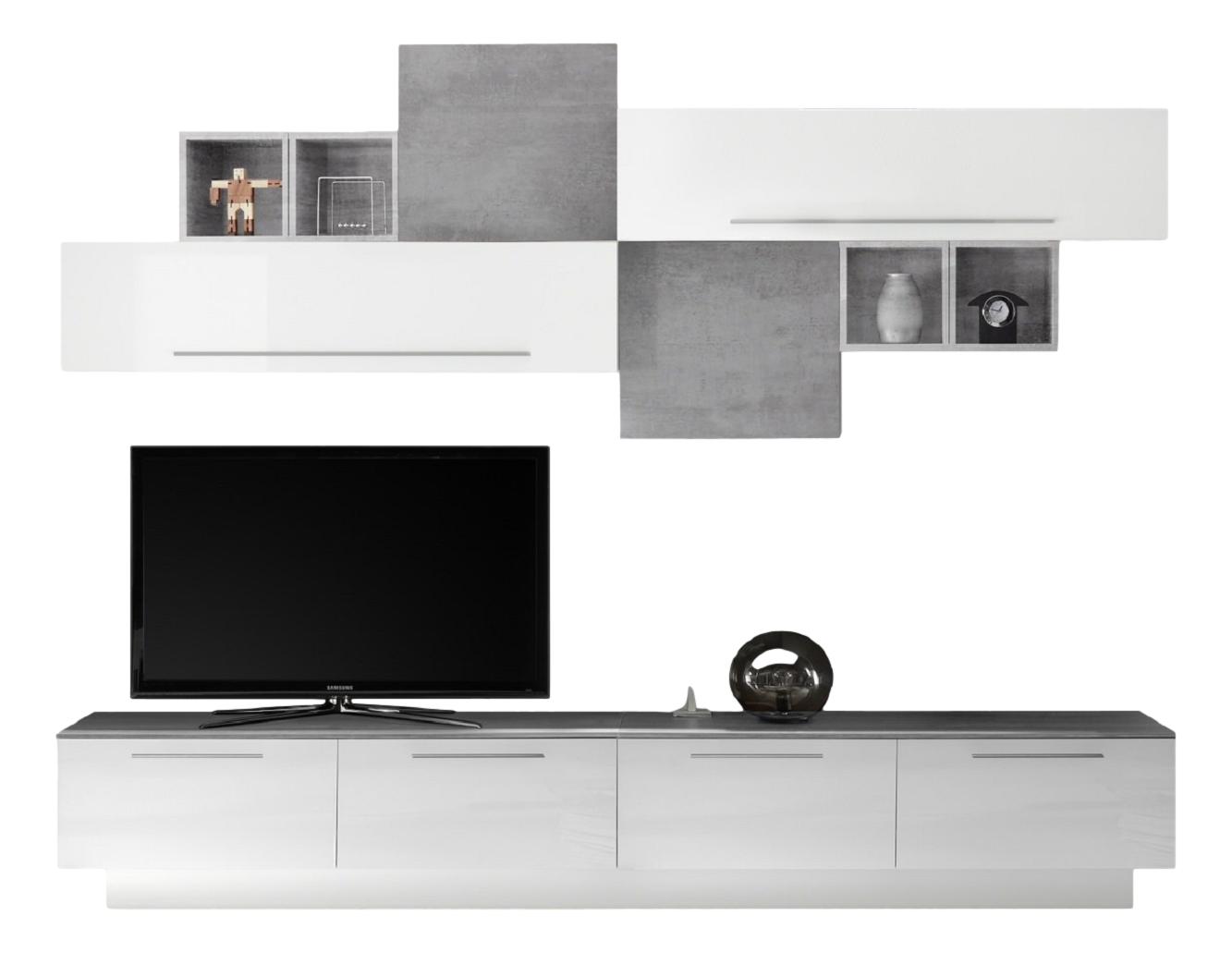 TV‑wandmeubel set Helsing – Hoogglans wit met grijs beton