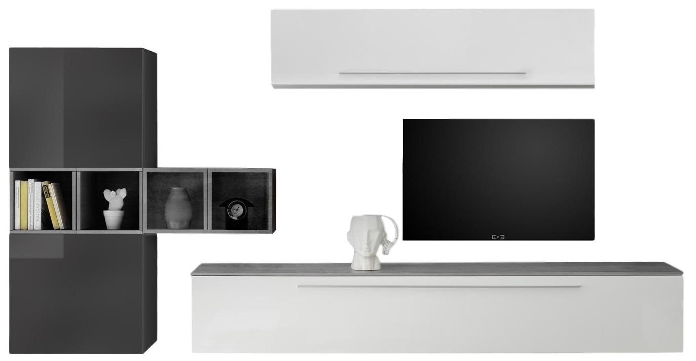 TV‑wandmeubel set Kevin – Strak, hoogglans wit met grijze betonaccenten