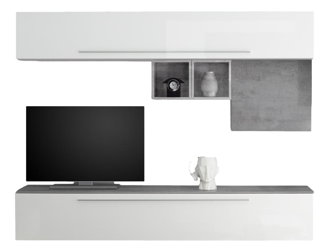 TV‑wandmeubel Set Miami – Hoogglans wit met grijze betonaccenten