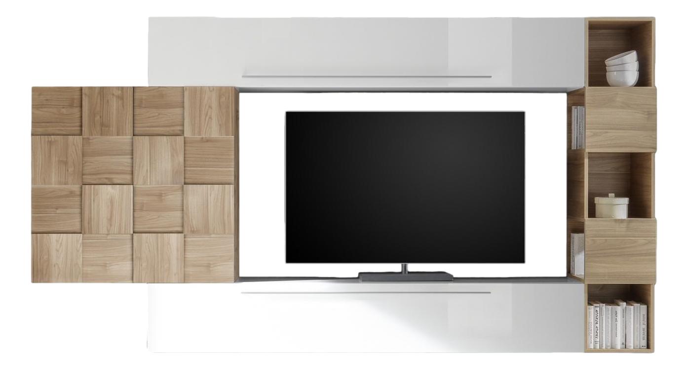 TV-wandmeubel set Mira – Hoogglans wit met eiken accenten
