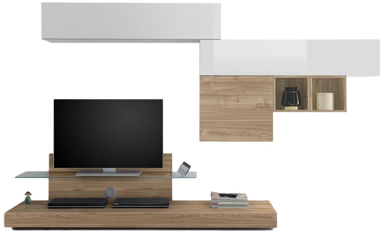 TV-wandmeubel set Mistro – Modern en functioneel in hoogglans wit & eiken
