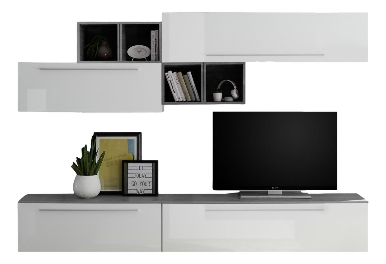 TV-wandmeubel set Moon – Strak modulair design in hoogglans wit met betonnen accenten